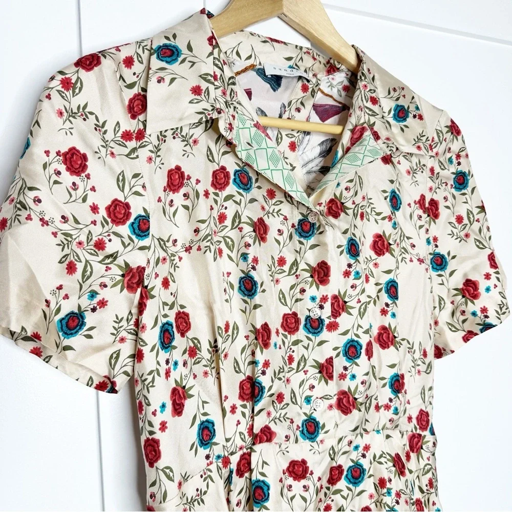 Sandro Ayeon Floral-Print Cutout Mini Dress US 6 FR 38 short sleeve A-line silk - Picture 7 of 16
